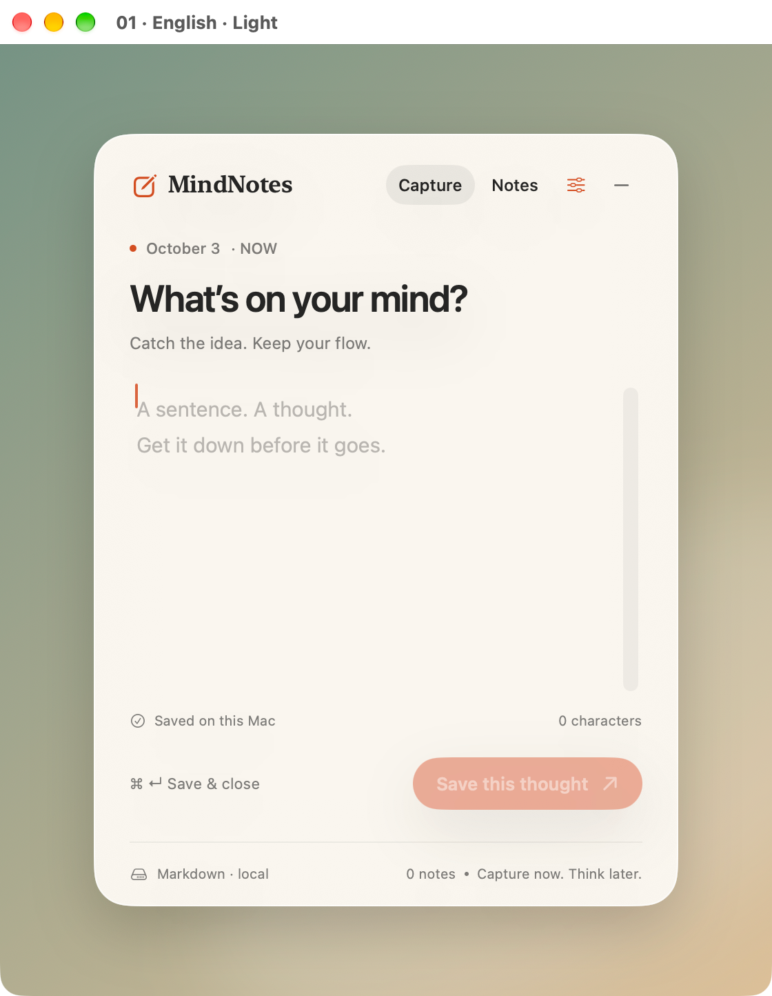 MindNotes's real quick-capture panel with a text editor and save button